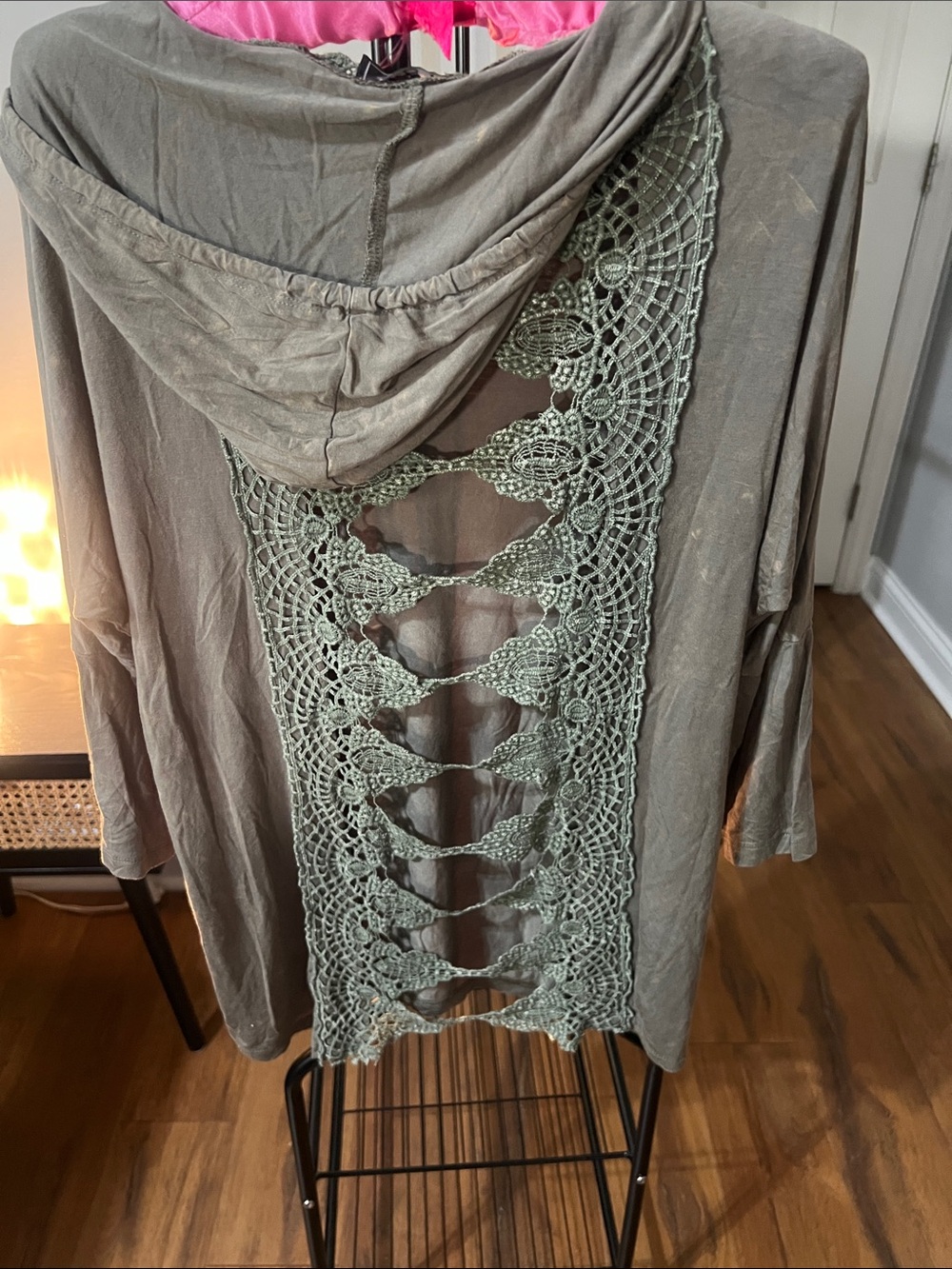 POL Olive Green Crochet-Back Hooded Top